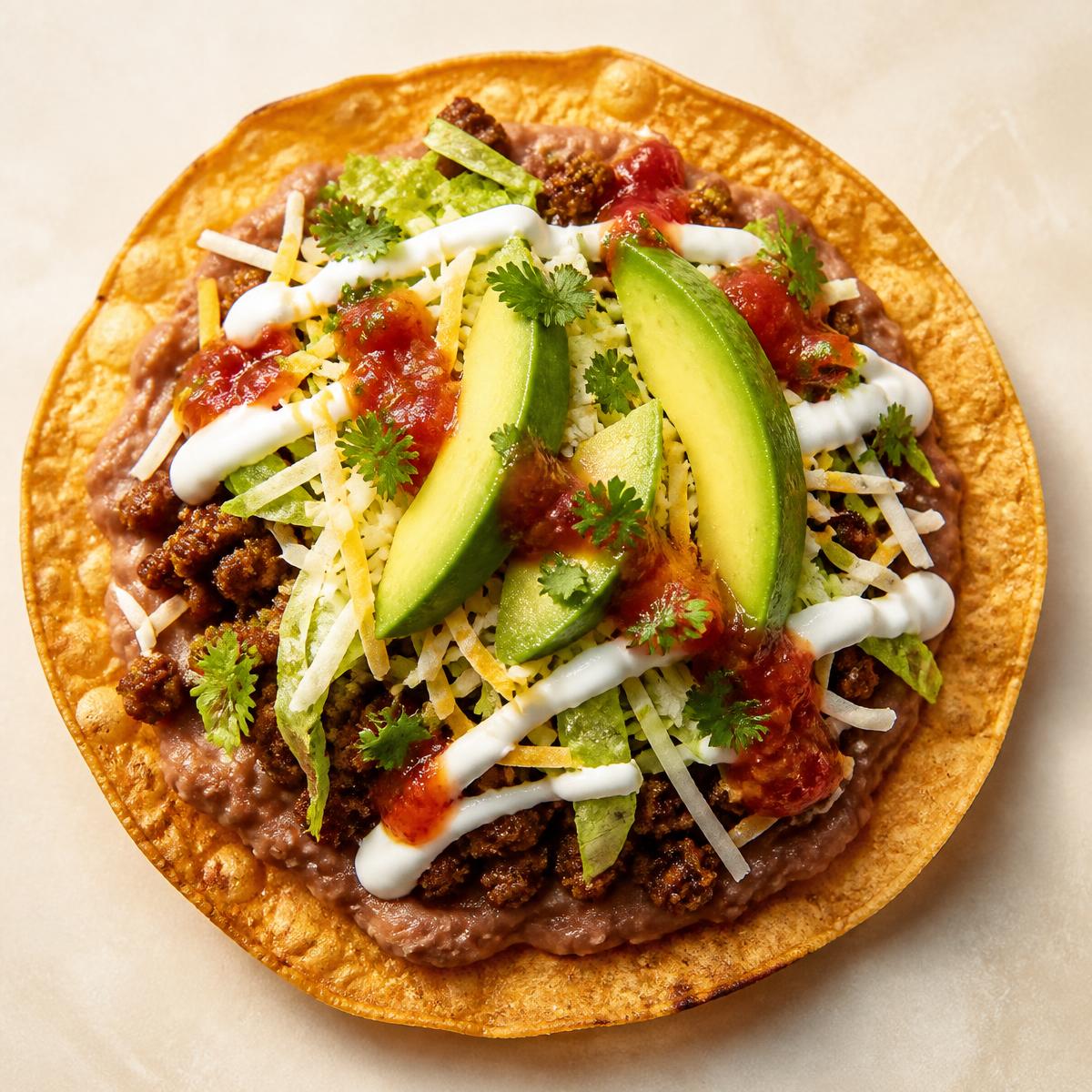 A crisp golden corn tostada shell spread with refried beans and loaded with seasoned beef, lettuce, cheese, salsa, avocado, crema and cilantro