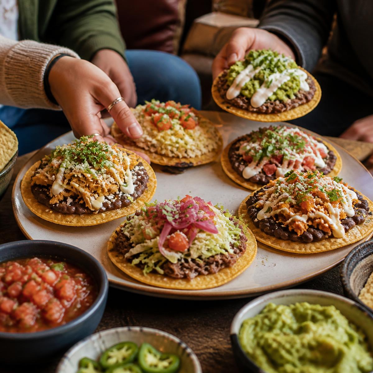 A platter of whole individual flat tacos with different toppings while hands reach in to grab one during a game day get-together