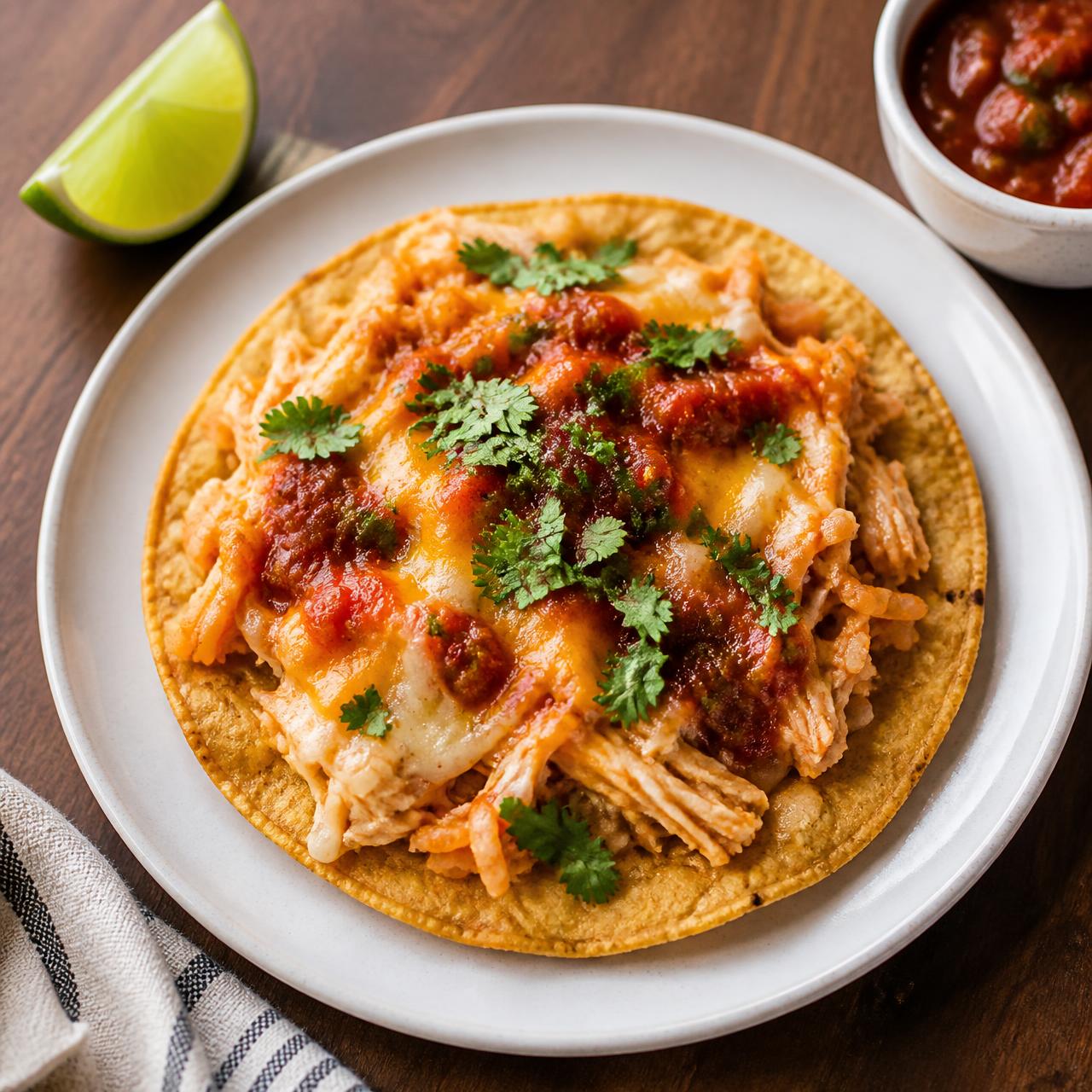 An individual crunchy golden flat taco on a small plate topped with leftover shredded chicken, rice, melted cheese, salsa and herbs, with a lime wedge alongside