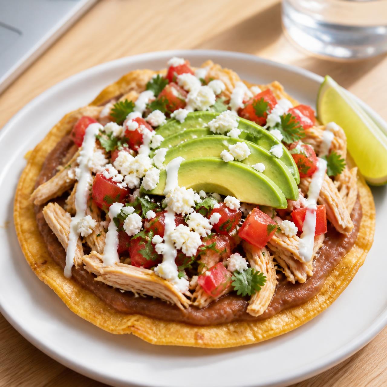 An individual crisp golden flat taco on a small plate with refried beans, shredded chicken, avocado, fresh salsa, crumbled cheese, crema and cilantro in bright midday light
