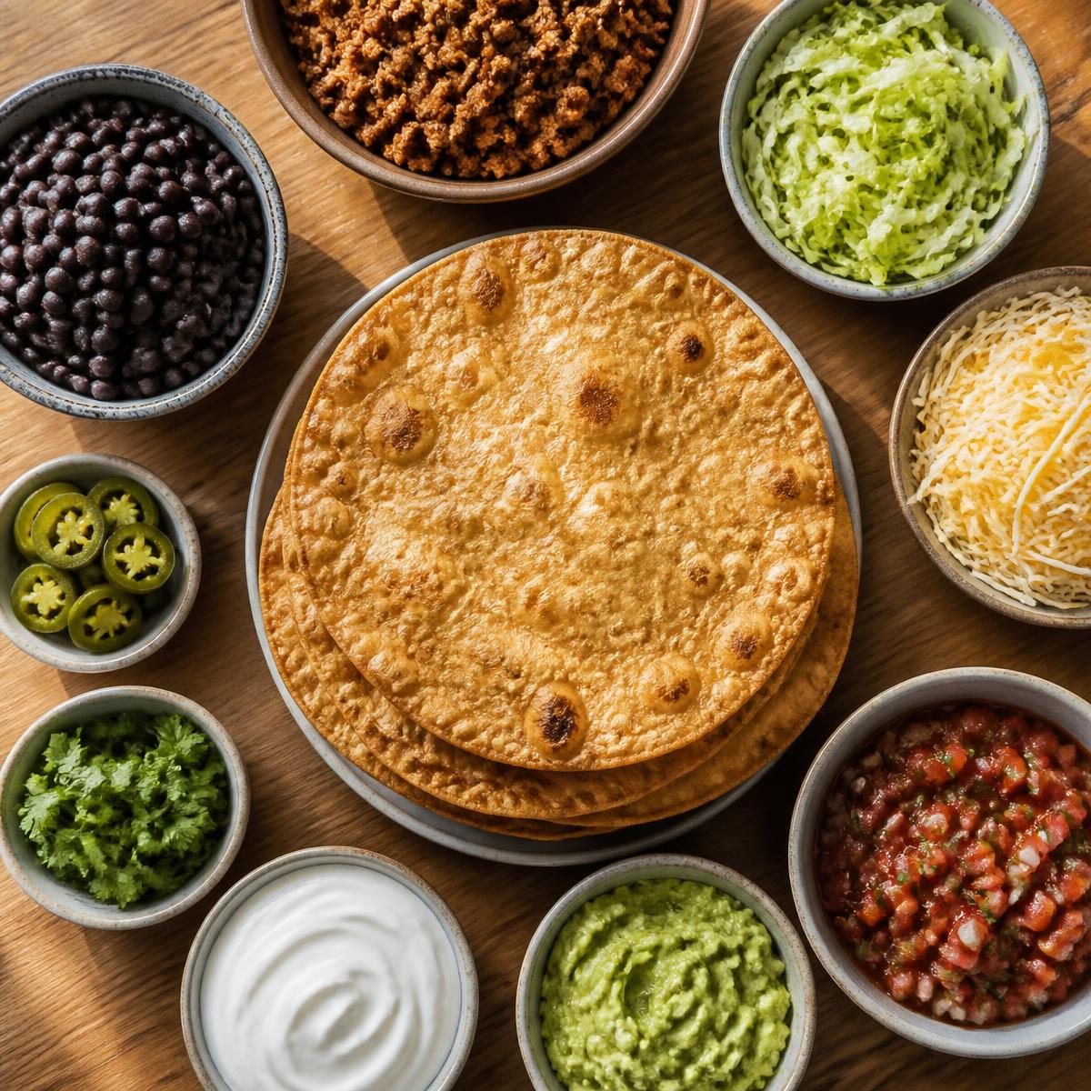 Overhead view of a build-your-own bar with a stack of crisp blistered golden flat taco shells surrounded by bowls of toppings