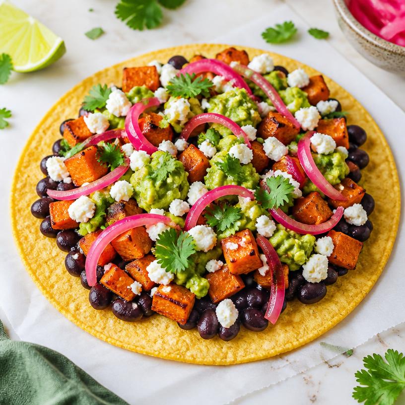 A flat taco loaded with black beans, roasted sweet potato, guacamole, pickled onion and cheese