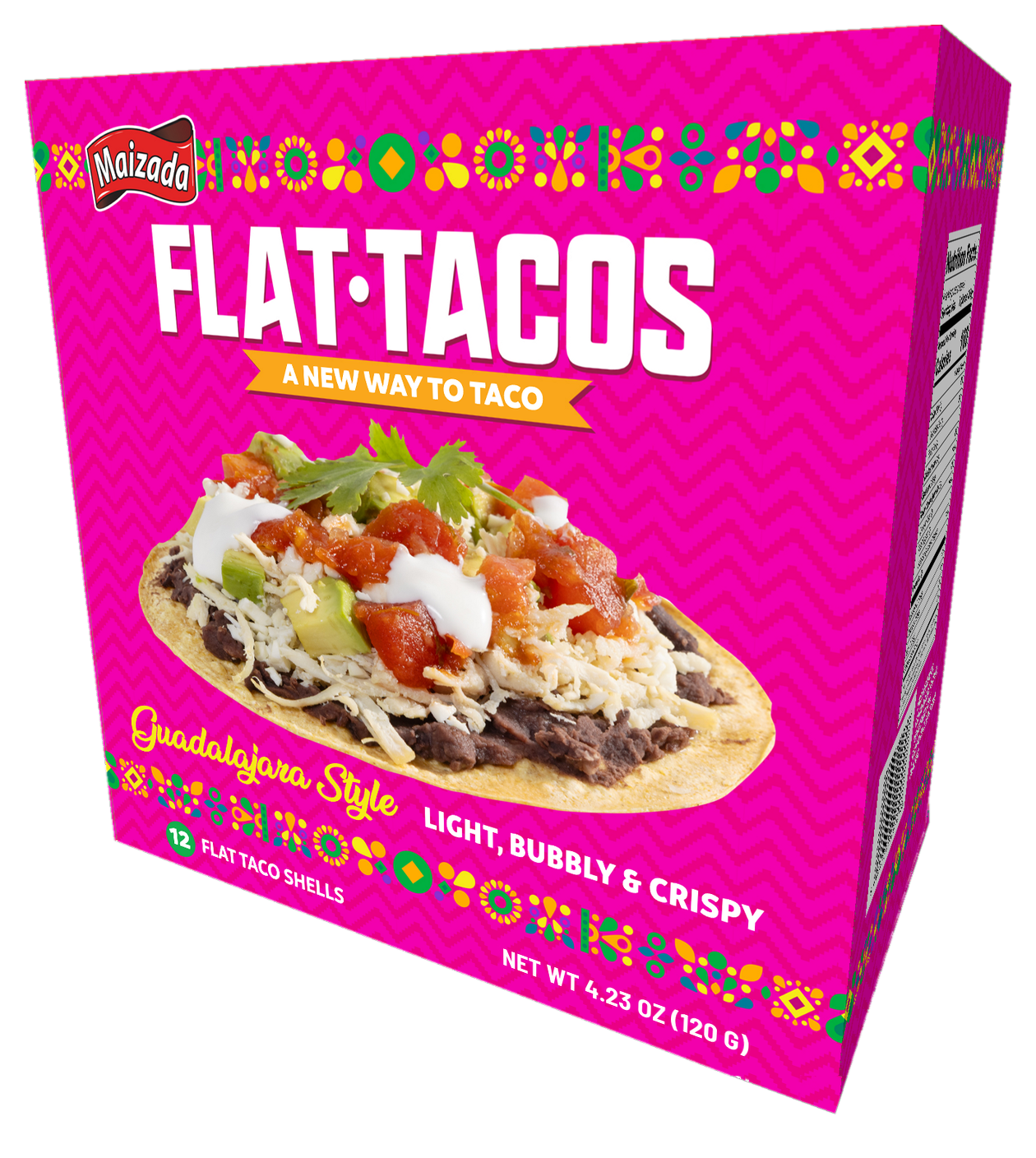Maizada Flat Tacos Guadalajara Style carton in official magenta — light, bubbly and crispy flat taco shells, net wt 4.23 oz (120 g)