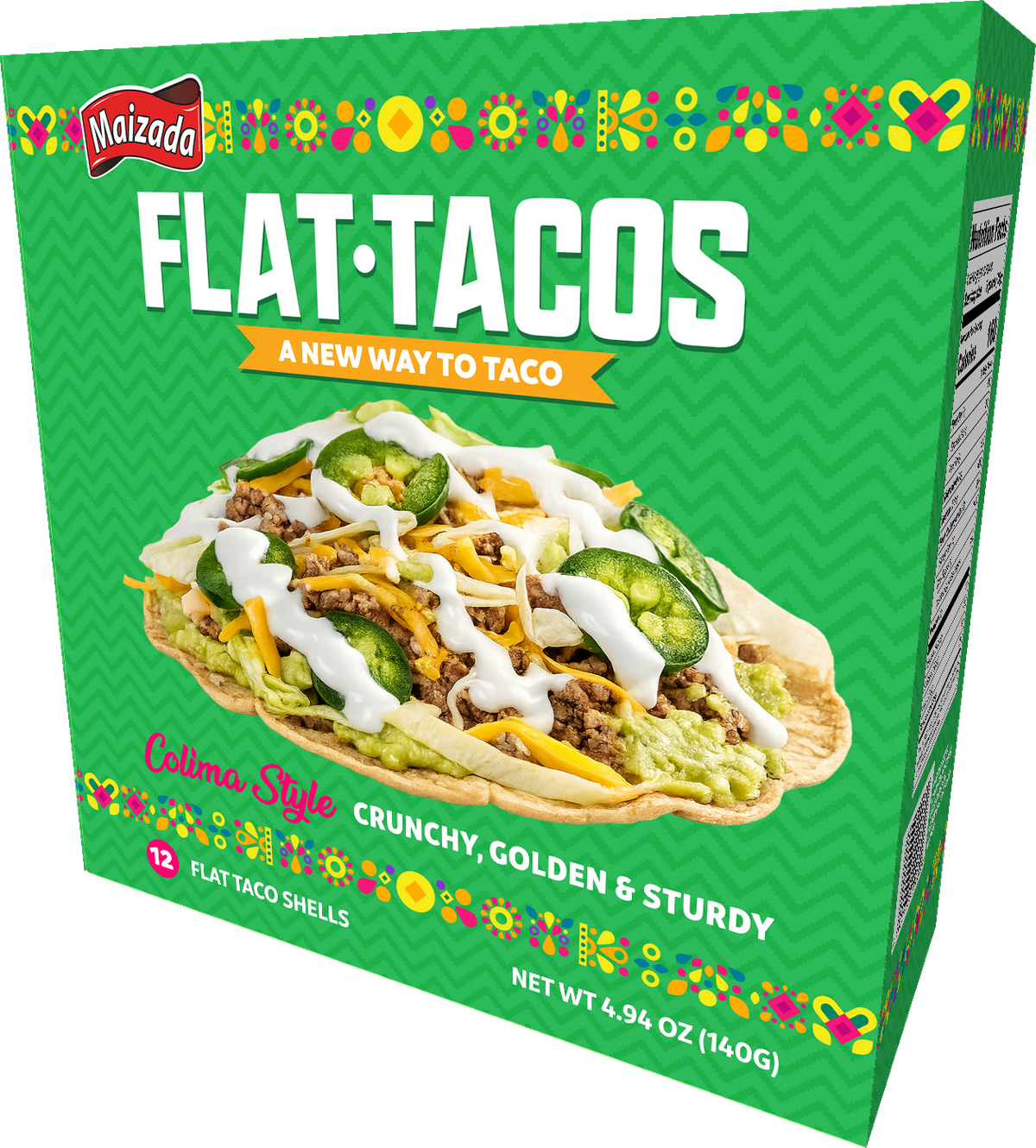 Maizada Flat Tacos Colima Style carton in official green — crunchy, golden and sturdy, 12 flat taco shells