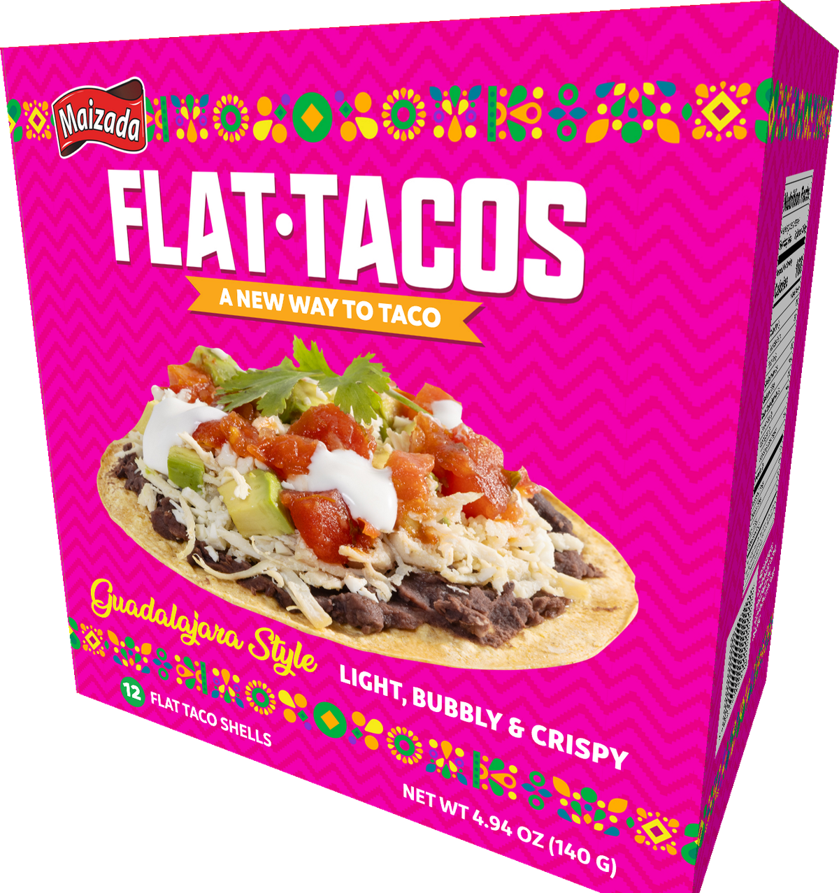 Maizada Flat Tacos Guadalajara Style carton in official magenta, 12 flat taco shells, net wt 4.94 oz